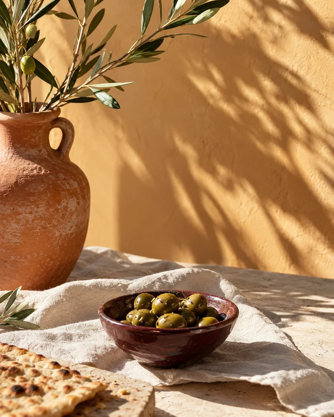 Sıcak ışıkla aydınlatılmış bir masada zeytin dalları, toprak vazo ve bir kâse zeytin